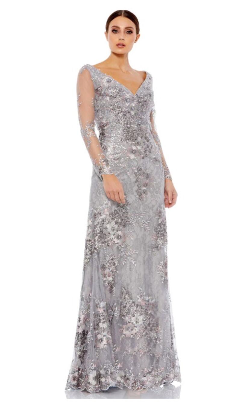 Mac Duggal 16 platinum embellished v neck illusion long sleeve gown lace bride
